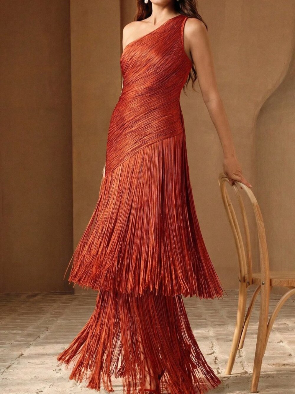 Burgundy Elegant Women's One-Shoulder Tassel Slim Fit Mermaid Mini Dress - Picture 3 of 7